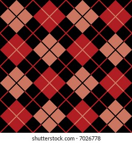 A seamless, repeating 12" square vector argyle pattern in black, red and salmon.