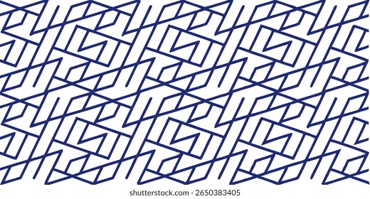 A seamless, repeating abstract pattern composed of thick, dark blue lines forming a complex geometric design against a stark white backdrop.