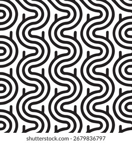 A seamless, repeating abstract pattern featuring bold black wavy lines and curves against a white background, creating a dynamic and modern visual texture.