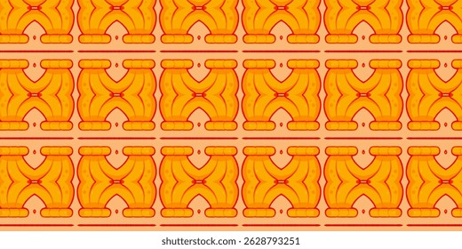 Seamless repeating abstract pattern in vivid orange and red tones, with bold lines and playful symmetrical shapes.