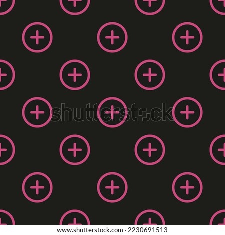 Seamless repeating add circle outline flat icon pattern, dark jungle green and fuchsia rose color. Design for wrapping paper or postcard.
