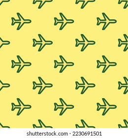Seamless repeating airplane outline flat icon pattern, mellow yellow and hunter green color. Design for wrapping paper or postcard.