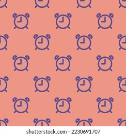 Seamless repeating alarm outline flat icon pattern, ruddy pink and dark lavender color. Design for wrapping paper or postcard.