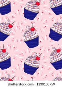 Seamless Repeating Americana Cupcake Pattern in Red, White, and Blue with Sprinkles and Fireworks.