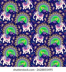 Seamless repeating animal pattern with cute elephants and peacocks, paisley, tiny hearts and flowers on dark blue background. Print for fabric in boho style.