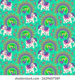 Naadloos herhalend dierenpatroon met schattige olifanten en pauwen, paisley, kleine harten en bloemen op smaragdgroene achtergrond. Indiase, Thaise stijl stof print.