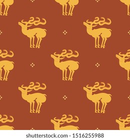Seamless repeating animal pattern with silhouettes of stylized elk or deer. Ancient Siberian Scythian motif.