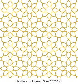 Seamless repeating Arabic Islamic geometric pattern featuring golden floral shapes forming intricate designs on a white background