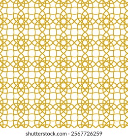 Seamless repeating Arabic Islamic geometric pattern featuring golden floral shapes forming intricate designs on a white background