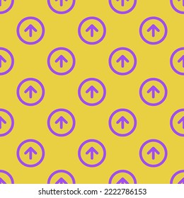 Seamless repeating arrow up circle flat icon pattern, sandstorm and lavender indigo color. Design for wrapping paper or postcard.