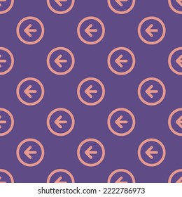 Seamless repeating arrow left circle flat icon pattern, dark lavender and ruddy pink color. Design for wrapping paper or postcard.