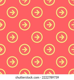 Seamless repeating arrow right circle flat icon pattern, pastel red and mellow yellow color. Design for wrapping paper or postcard.
