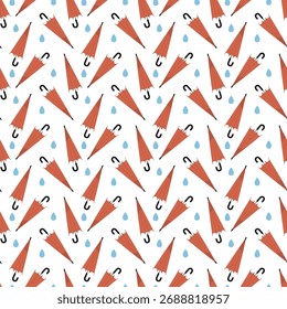 Seamless repeating autumn pattern with red umbrella and rain drops. background of rainy weather