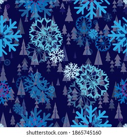 Seamless repeating background of different kinds of snowflakes