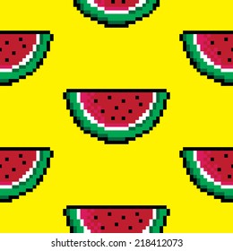 A seamless repeating background of a pixel art watermelon over a yellow background