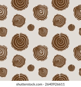 Seamless repeating background with Round rings of Wooden saw cut woodworking. Vector abstract rapport with Wood discs, lumber round mouldings birch, ash, oak. Vector illustration for design, textile