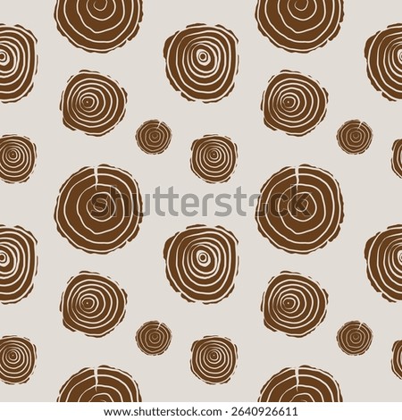 Seamless repeating background with Round rings of Wooden saw cut woodworking. Vector abstract rapport with Wood discs, lumber round mouldings birch, ash, oak. Vector illustration for design, textile