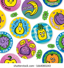Seamless repeating background. A set of stickers. Ecology, vegan, natural, organic, fruit. Background for catalog, label, fabric, banner. Bright, fashionable and modern. Set of cartoon fruits.