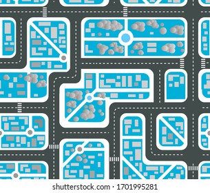 Seamless repeating background urban pattern. Top view of the city quarter with streets, houses, trees, town landscape and cars