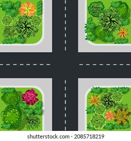 Seamless repeating background urban pattern. Top view of the city quarter with streets, houses, trees, town landscape