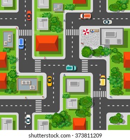 Seamless Repeating Background Urban  Pattern. Top View Of The City Quarter With Streets, Houses, Trees, Town Landscape And Cars