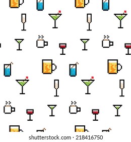 A seamless repeating background of various pixel art drinks