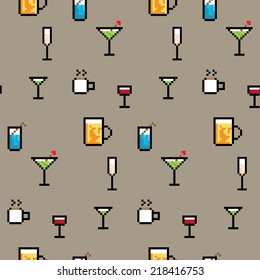 A seamless repeating background of various pixel art drinks with a dark background