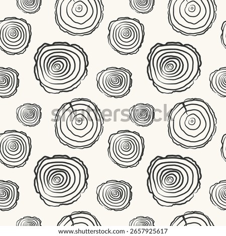 Seamless repeating background with wood, round rings of Wooden saw cut woodworking. Abstract rapport with trees discs, lumber round mouldings birch, ash, oak. Vector illustration for design, textile