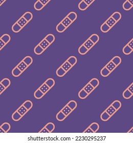 Seamless repeating bandage outline flat icon pattern, dark lavender and ruddy pink color. Design for wrapping paper or postcard.