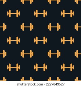 Seamless repeating barbell outline flat icon pattern, dark jungle green and yellow orange color. Design for wrapping paper or postcard.