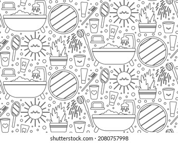 Seamless repeating bathroom pattern with shower and personal care items. Morning and evening routine. Vector illustration