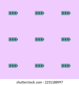 Seamless repeating battery full flat icon pattern, pale lavender and celadon green color. Design for quiz.