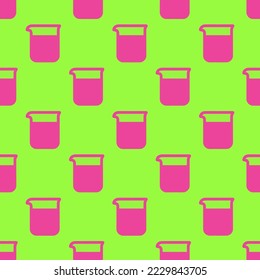 Seamless repeating beaker flat icon pattern, green-yellow and rose bonbon color. Design for wrapping paper or postcard.