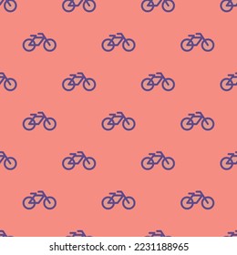 Seamless repeating bicycle flat icon pattern, ruddy pink and dark lavender color. Backround for motivational quites.