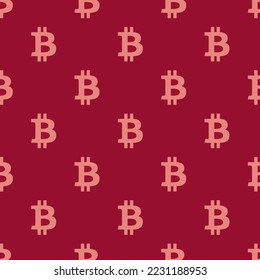 Patrón de icono plano de bitcoin repitiendo sin inconvenientes, color burdeos intenso y coral claro. Fondo de la tarjeta de visita.