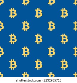 Nahtlose Wiederholung bitcoin flaches Symbol Muster, usafa blau und Stil de Korn gelbe Farbe. Design für Geburtstagsfeier-Banner.