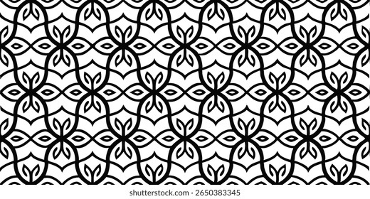 Um padrão geométrico preto e branco contínuo e repetitivo com um design sofisticado. Ele mostra formas entrelaçadas que criam uma estética visualmente complexa e elegante.