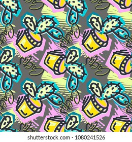 Seamless repeating cactus textile, ink brush strokes pattern in doodle grunge texture style.Handdrawn trendy design, watercolor blotted background for apparel