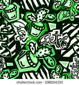 Seamless repeating cactus textile, ink brush strokes pattern in doodle grunge texture style.Handdrawn trendy design, watercolor blotted background for apparel