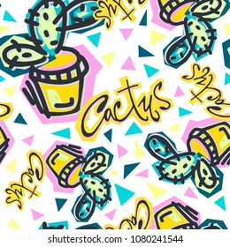 Seamless repeating cactus textile, ink brush strokes pattern in doodle grunge texture style.Handdrawn trendy design, watercolor blotted background for apparel