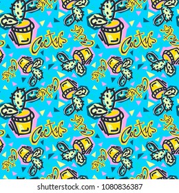 Seamless repeating cactus textile, ink brush strokes pattern in doodle grunge texture style.Handdrawn trendy design, watercolor blotted background for apparel