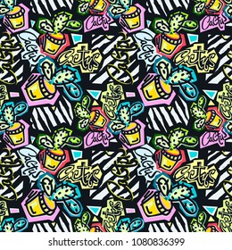 Seamless repeating cactus textile, ink brush strokes pattern in doodle grunge texture style.Handdrawn trendy design, watercolor blotted background for apparel