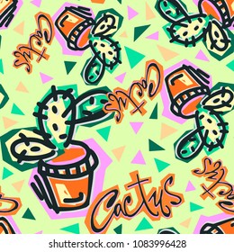 Seamless repeating cactus textile, ink brush strokes pattern in doodle grunge texture style.Handdrawn trendy design, watercolor blotted background for apparel