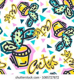 Seamless repeating cactus textile, ink brush strokes pattern in doodle grunge texture style.Handdrawn trendy design, watercolor blotted background for apparel
