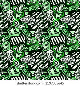 Seamless repeating cactus textile, ink brush strokes pattern in doodle grunge texture style.Handdrawn trendy design, watercolor blotted background for apparel