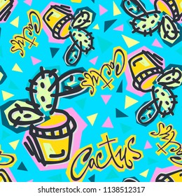 Seamless repeating cactus textile, ink brush strokes pattern in doodle grunge texture style.Handdrawn trendy design, watercolor blotted background for apparel