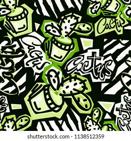 Seamless repeating cactus textile, ink brush strokes pattern in doodle grunge texture style.Handdrawn trendy design, watercolor blotted background for apparel
