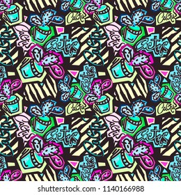 Seamless repeating cactus textile, ink brush strokes pattern in doodle grunge texture style.Handdrawn trendy design, watercolor blotted background for apparel