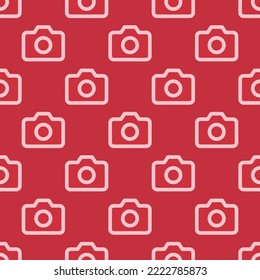 Seamless repeating camera flat icon pattern, persian red and bubble gum color. Design for wrapping paper or postcard.