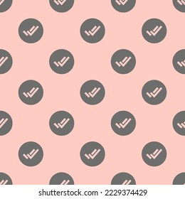 Seamless repeating checkmark done circle sharp flat icon pattern, unbleached silk and dim gray color. Design for wrapping paper or postcard.